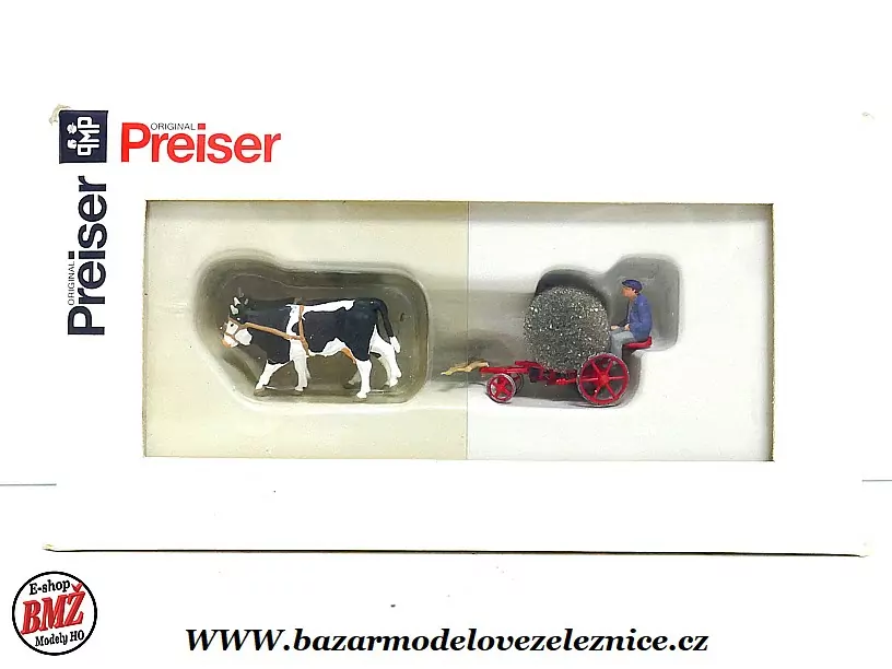 Preiser - Figurky - Žací stroj tažený krávou - HO
