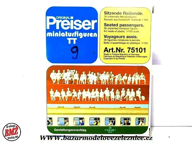 Preiser - Figurky - cestující sedící 39 ks nebarvené - TT