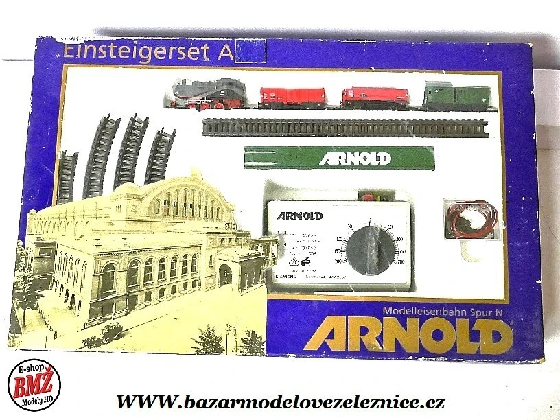 Arnold - DC - Set s Parní lokomotivou , 3 vozy, koleje. trafo - N